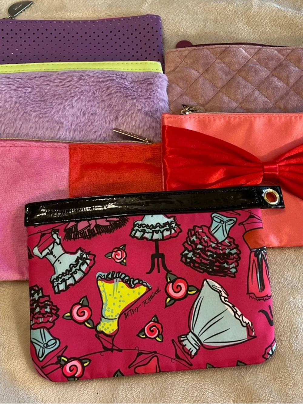 Betsey Johnson Pink Dress Punk Pop Art & Ipsy Cosmetic Makeup Bag Bundle
